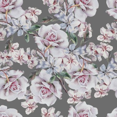 Çiçekli parlak, pürüzsüz bir desen. Gül. Suluboya çizimi. El çizimi.