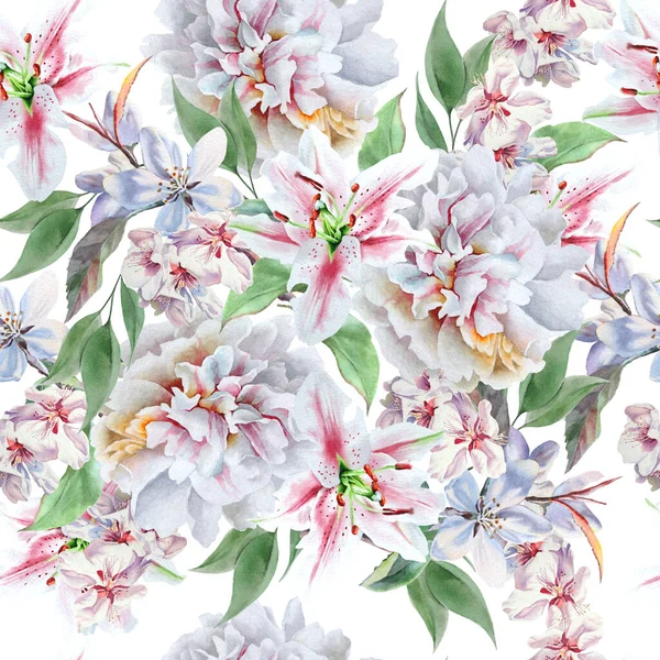 花と明るいシームレスなパターン ローズ ペニー 水彩イラスト 手描き — ストック写真