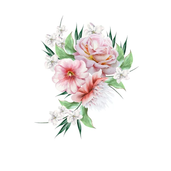 Aquarell Strauß Mit Blumen Rose Pfingstrose Illustration Handgezeichnet Stockbild