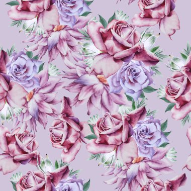 Çiçekli parlak, pürüzsüz bir desen. Gül. Şakayık. Suluboya çizimi. El çizimi.