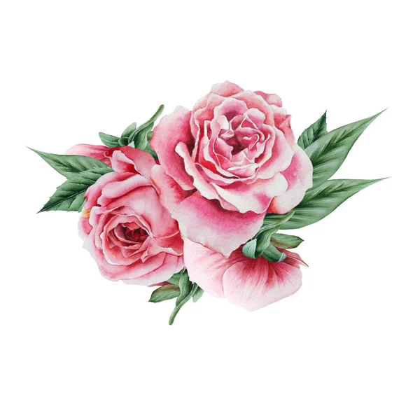 Buquê Aquarela Com Flores Rose Ilustração Desenhado Mão — Fotografia de Stock