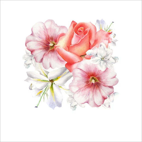 Buquê Aquarela Com Flores Mallow Rose Lily Ilustração — Fotografia de Stock