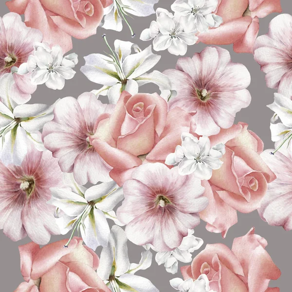 Padrão Sem Costura Brilhante Com Flores Mallow Rose Lily Ilustração — Fotografia de Stock