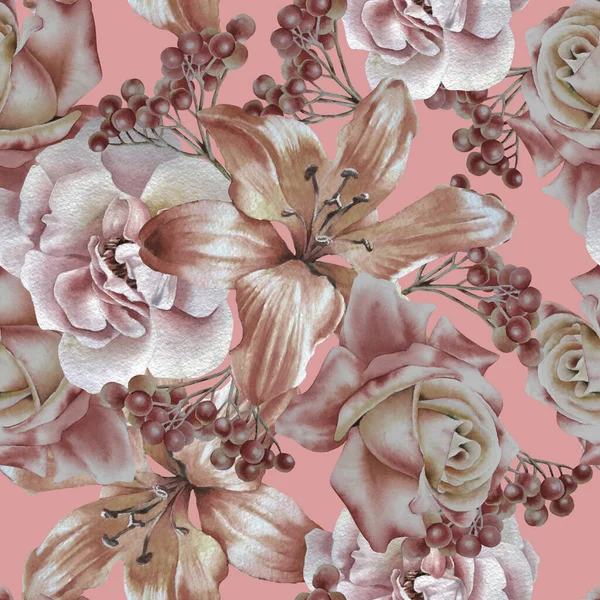 Modèle Lumineux Sans Couture Avec Des Fleurs Rose Lily Illustration — Photo