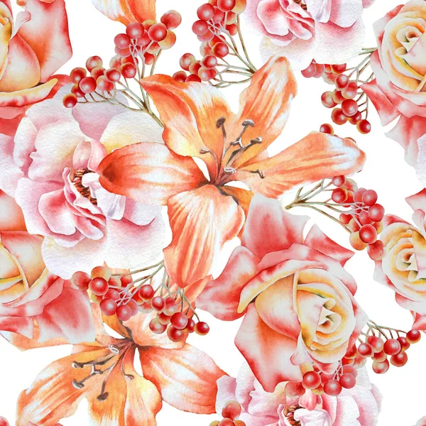 Bright Seamless Pattern Flowers Rose Lily Watercolor Illustration Hand Drawn — Stock Photo, Image