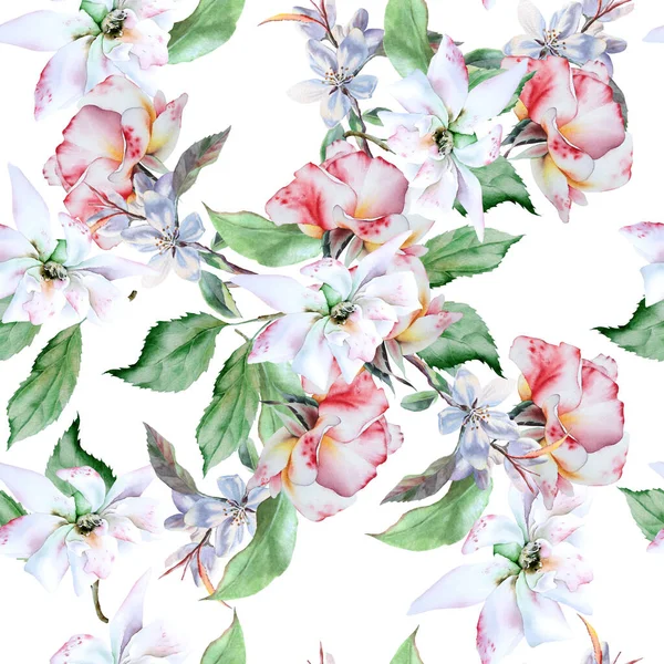 Ljust Sömlöst Mönster Med Blommor Hej Blossom Akvarell Illustration Handritad — Stockfoto