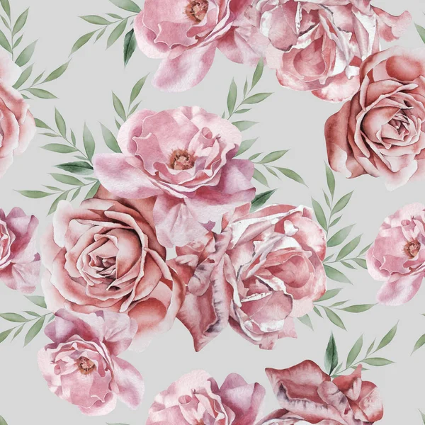 Bright Seamless Pattern Flowers Rose Watercolor Hand Drawn — Stock Photo, Image