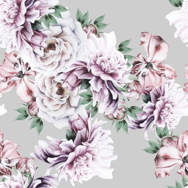 Çiçekli parlak, pürüzsüz bir desen. Gül. Şakayık. Suluboya çizimi.