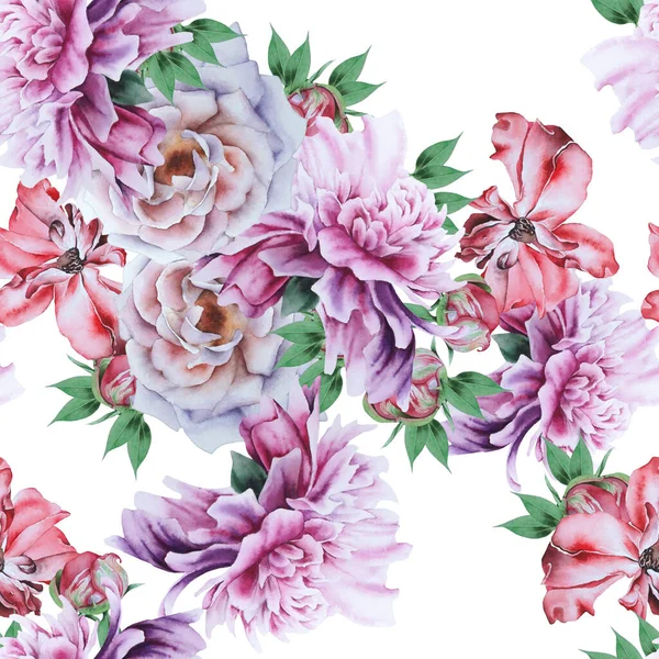 Bright Seamless Pattern Flowers Rose Peony Watercolor Illustration — Stock Photo, Image
