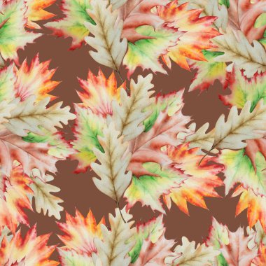 Sonbahar yapraklarıyla kusursuz desen. Suluboya çizimi. El çizimi