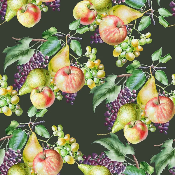 秋の果物と明るいシームレスなパターン アップル ブドウだ 手描き — ストック写真