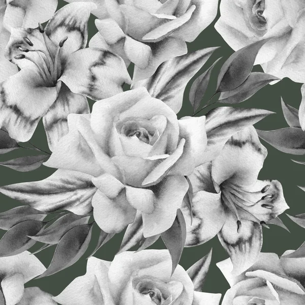 Monochroom Naadloos Patroon Met Bloemen Met Rose Aquarel Illustratie Met — Stockfoto