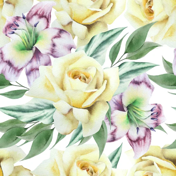 Helles Nahtloses Muster Mit Blumen Rose Aquarell Handgezeichnet Stockbild