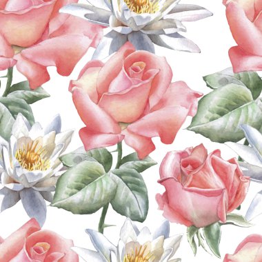 Dikişsiz desen suluboya çiçekli. Rose ve lily. 