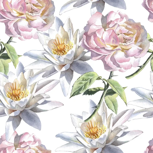 Seamless pattern with watercolor flowers. Rose and lily.