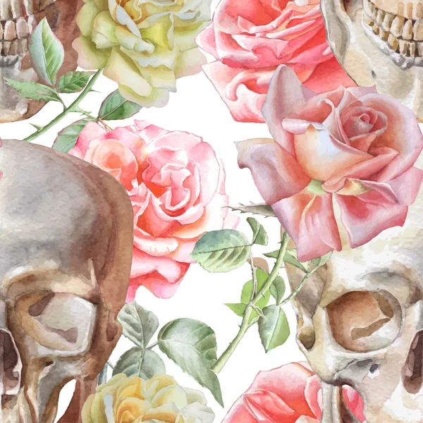 无缝模式与水彩的头骨和玫瑰 — 图库矢量图片