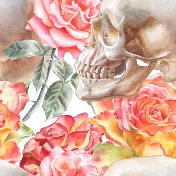 Suluboya kafatası ve gül ile Seamless Modeli