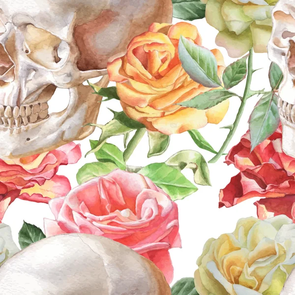 Varrat nélküli mintát akvarell koponya és a rózsa — Stock Vector