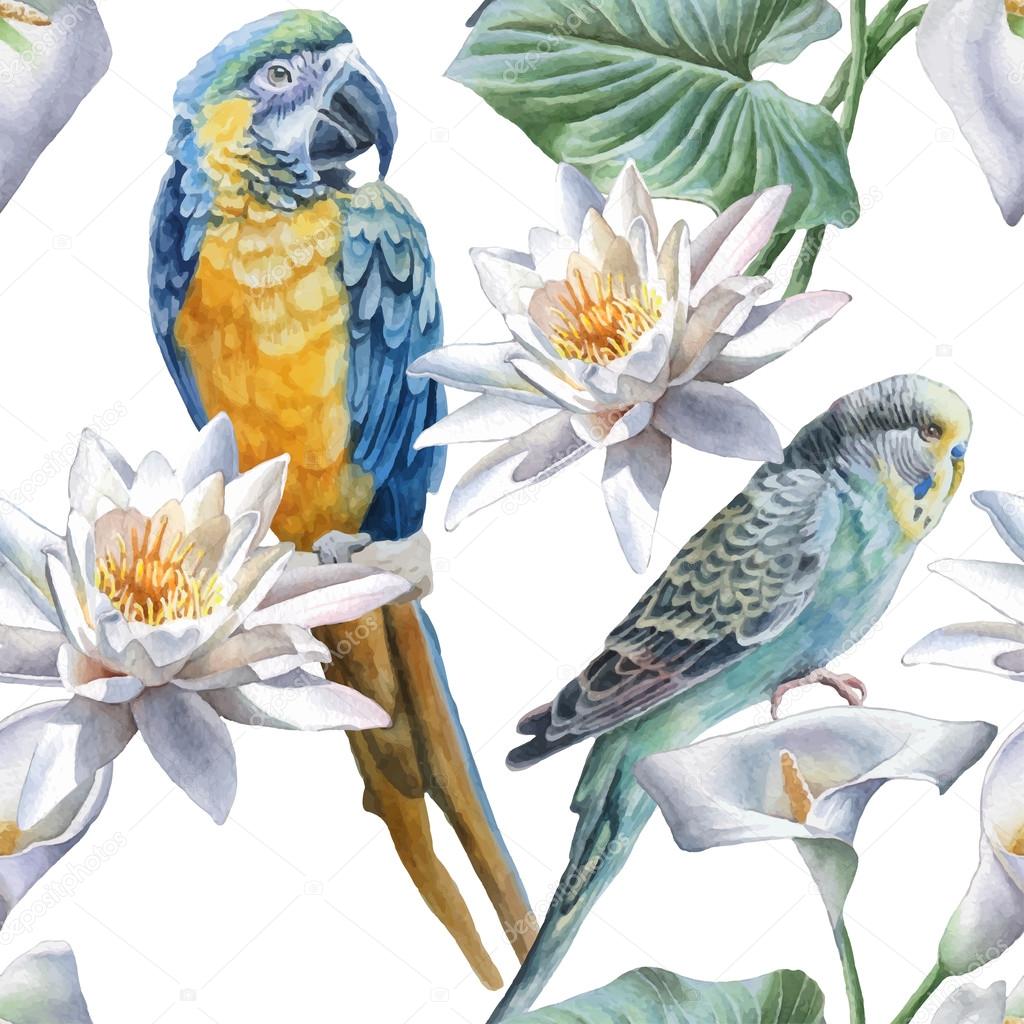 Seamless pattern with flowers and birds.