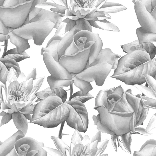 Monochroom naadloze patroon met realistische aquarel rozen. — Stockvector