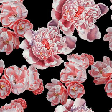 Kırmızı çiçekler ile Seamless modeli. Köpek-rose. Şakayık.