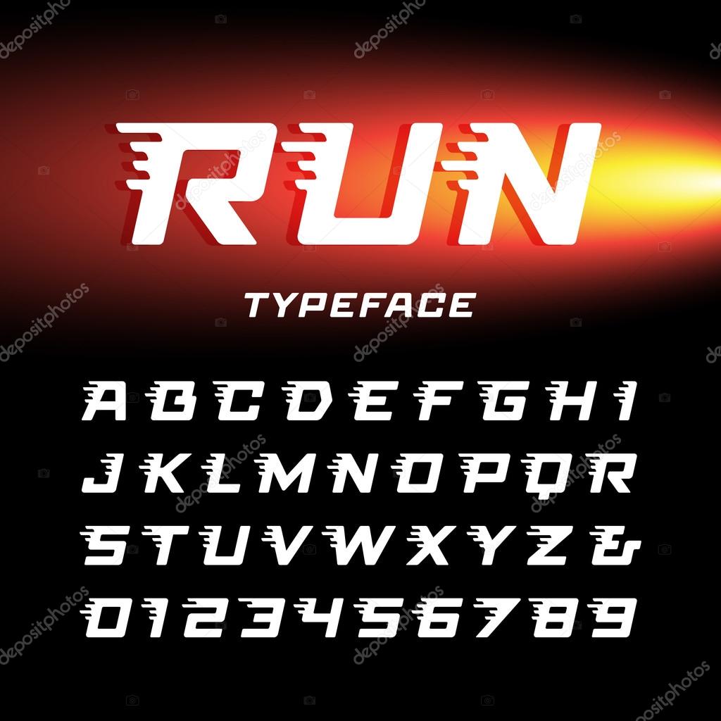 Sport font. Vector alphabet with tail effect letters and numbers