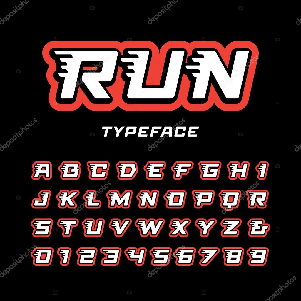 Sport font. Vector alphabet with tail effect letters and numbers