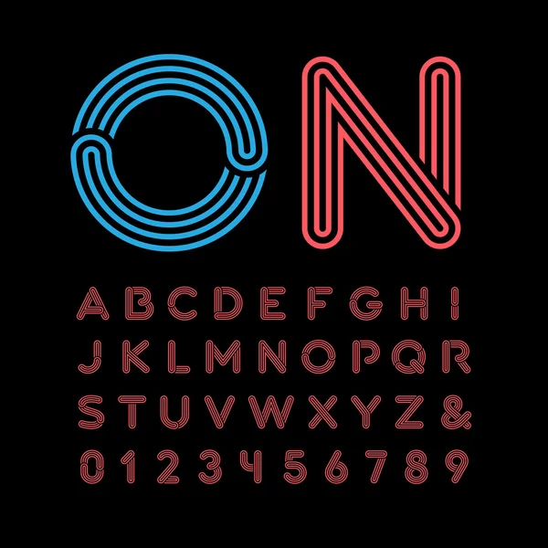 Leuchtschrift. Vektoralphabet mit neonfarbenen Buchstaben und Zahlen. — Stockvektor