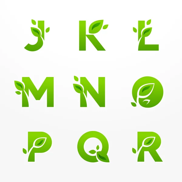 Vector set of green eco letters logo with leaves. Ecological fon — Stock Vector