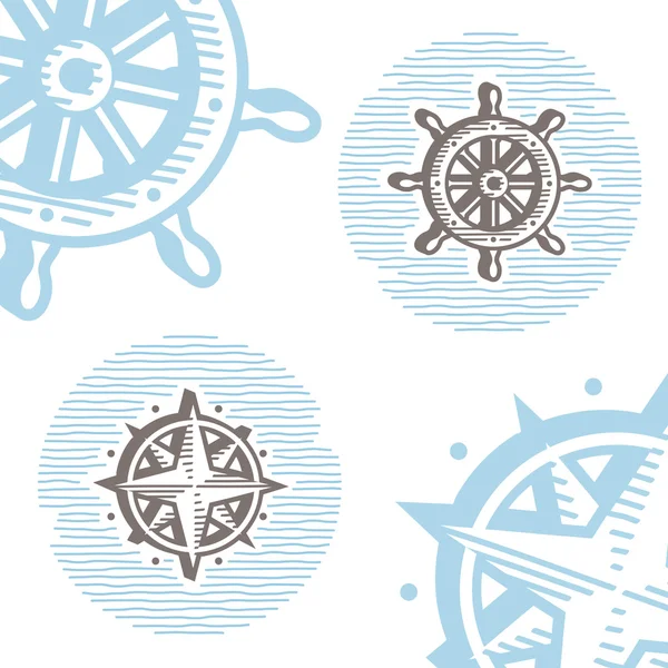 Vintage marine symbols vector icon set: engraving wheel and wind — Stock Vector