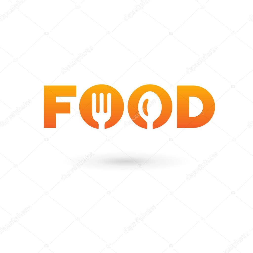 Food word sign logo icon design template elements with spoon and fork. Vector color emblem