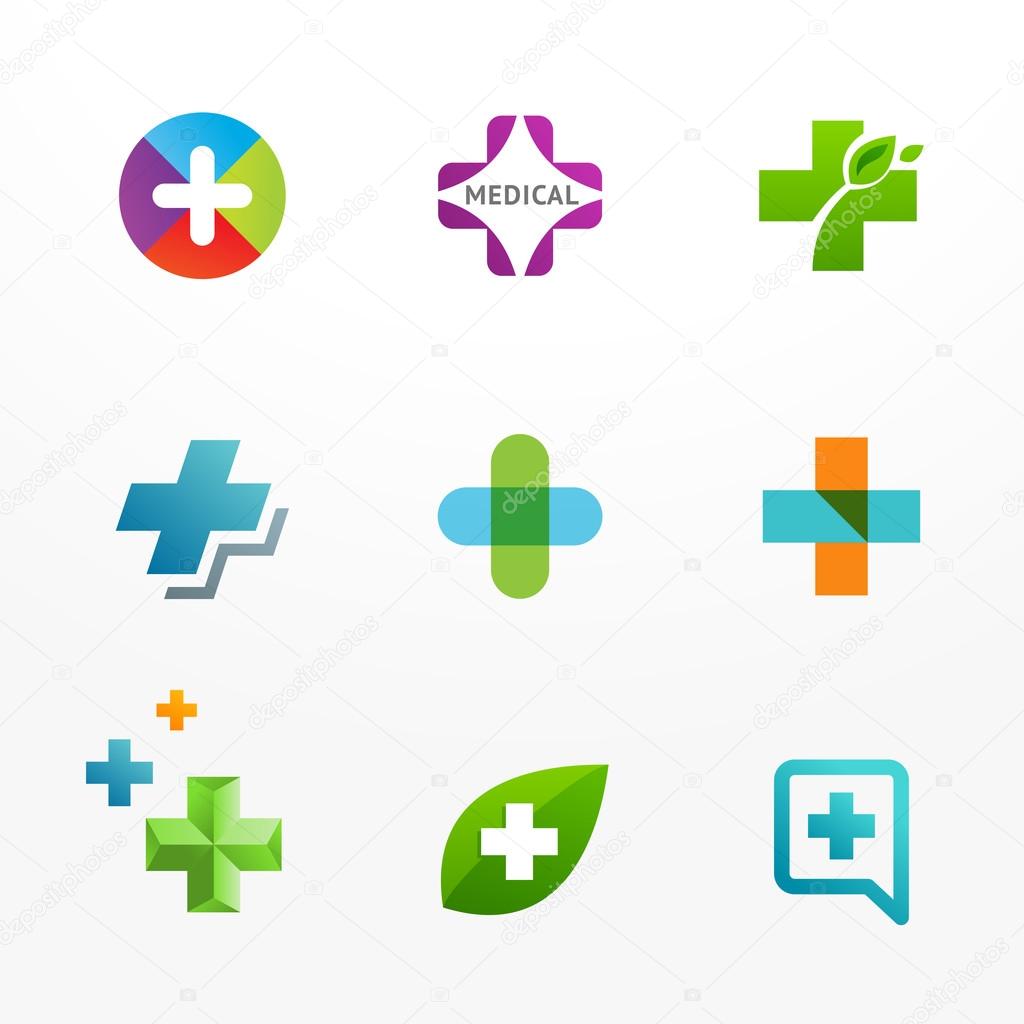 Vector set of medical logo icons with cross and plus