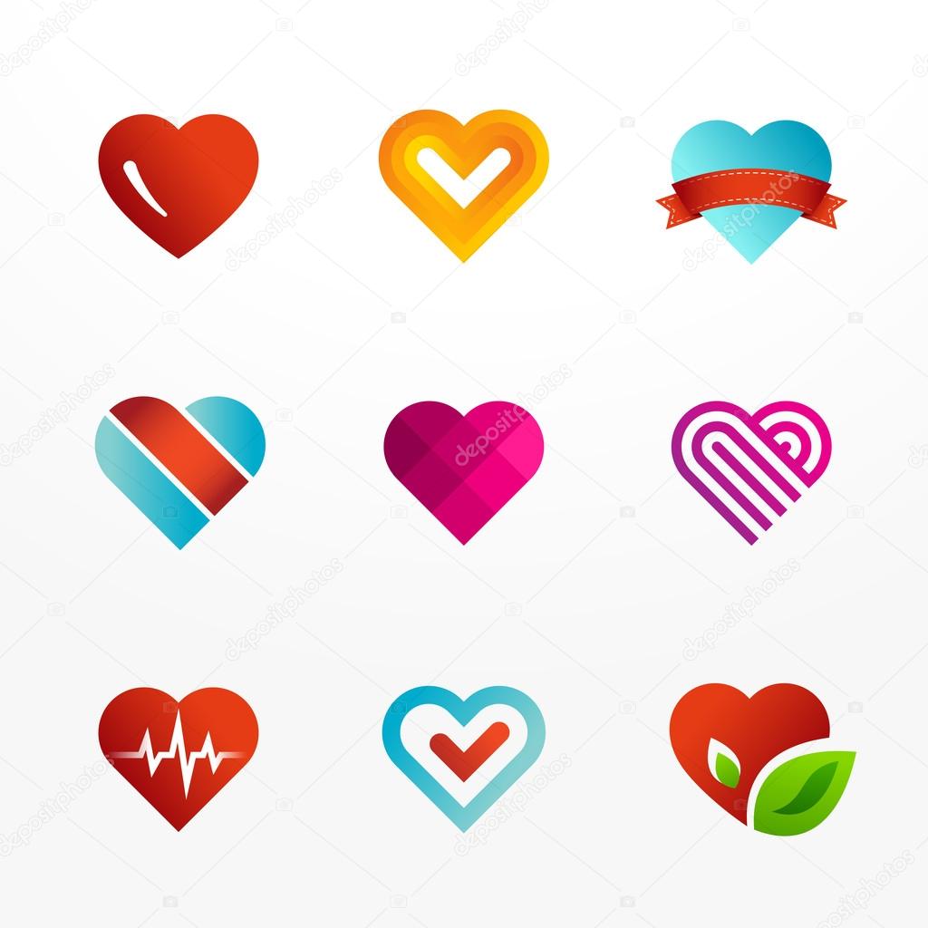Heart symbol logo icon set. May be used in medical, dating, Valentines Day and wedding design