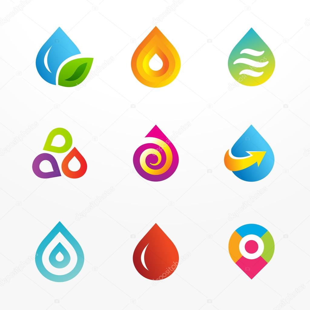 Water drop symbol vector logo icon set. May be used in ecological, medical, chemical, food and oil design