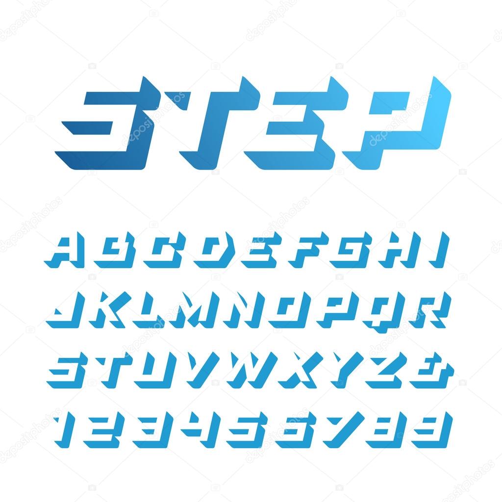 Isometric font. Vector alphabet with 3d effect letters and numbers.