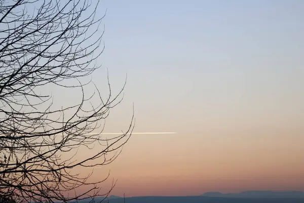 Eine Nahaufnahme Eines Flugzeugs Trance Und Den Sonnenuntergang Himmel Und — Stockfoto