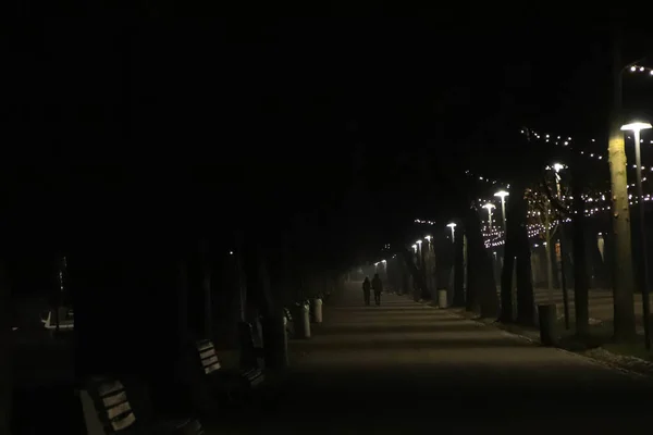 Couple Empty Alley Park Far Away Night Time — Stock Photo, Image