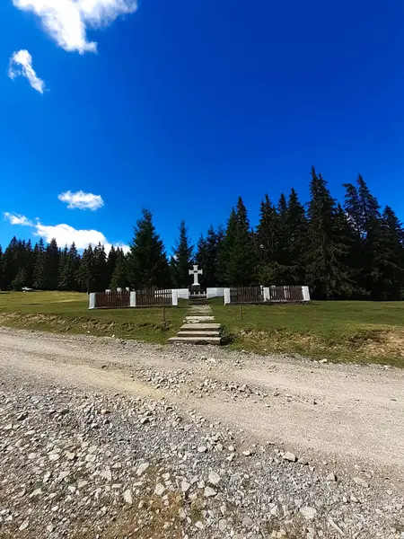 Memorial Kruis Berg Rug Naaldbomen — Stockfoto