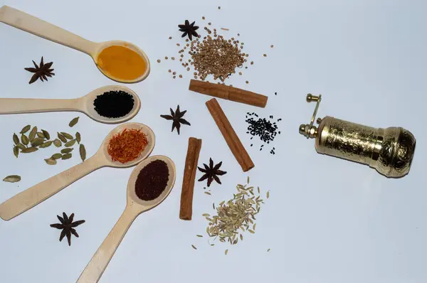 Collection Various Spices Herbs White Background Mill Grinding Spices Top — Stock Photo, Image