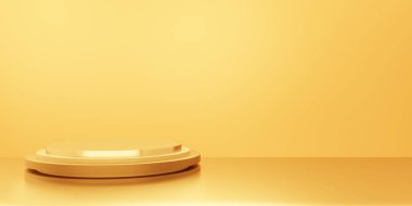 Boş altın podyumun 3 boyutlu tasviri minimum özet arka plan. Reklam tasarımı, kozmetik reklamları, gösteri, teknoloji, pankart, krem, moda, lüks. İllüzyon. Ürün sergisi. Boşluğu kopyala