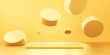 Boş altın podyumun 3 boyutlu tasviri minimum özet arka plan. Reklam tasarımı, kozmetik reklamları, gösteri, teknoloji, pankart, krem, moda, lüks. İllüzyon. Ürün sergisi. Boşluğu kopyala