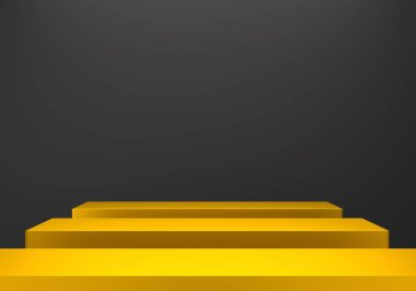 3d rendering of gold podium abstract minimal black background. Scene for advertising design, cosmetic ads, show, technology, banner, cream, fashion, luxury. Illustration. Product display. copy space