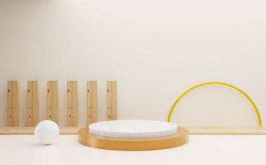 Boş kahverengi podyumun 3D görüntülemesi minimum özet arka plan. Reklam tasarımı, kozmetik reklamları, vitrin, sunum, taklit, yemek, moda, çocuk, lüks. İllüzyon. Ürün görüntüsü