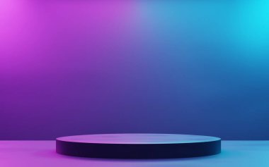 Mor ve mavi soyut geometrik arkaplanın 3D görüntüsü. Siber punk konsepti. Reklam, teknoloji, afiş, kozmetik reklamlar, sergi salonu, iş dünyası için sahne. Bilim-Kurgu İllüstrasyonu. Ürün görüntüsü