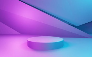 Mor ve mavi soyut geometrik arkaplanın 3D görüntüsü. Siber punk konsepti. Reklam, teknoloji, vitrin, afiş, kozmetik, moda, iş. Bilim-Kurgu İllüstrasyonu. Ürün görüntüsü