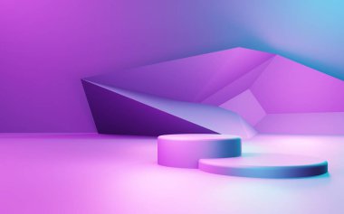 Mor ve mavi soyut geometrik arkaplanın 3D görüntüsü. Siber punk konsepti. Reklam, teknoloji, vitrin, afiş, kozmetik, moda, iş. Bilim-Kurgu İllüstrasyonu. Ürün görüntüsü