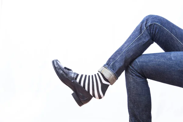 Chaussures Cuir Sur Fond Blanc Avec Jeans — Photo