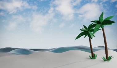 Üç boyutlu palmiye ağaçlarıyla güneşli tropik plaj