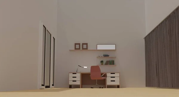 Neutrales Interieur Mit Tisch Stuhl Und Lampe Auf Wandhintergrund Rendering — Stockfoto