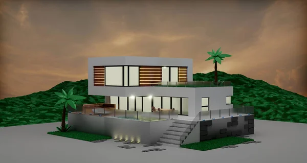 Haus Mit Pool Design Low Poly Rendering — Stockfoto